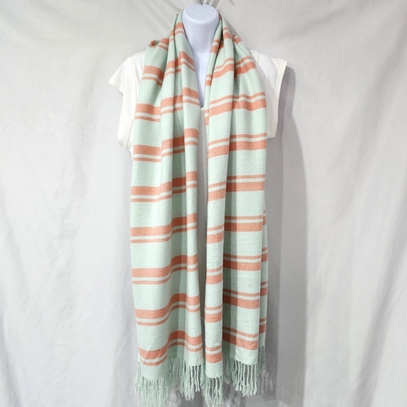 Accessories - Soft Knit Mint Green Peach Stripe Scarf Fringe Winter Ski Lodge Aspen Warm